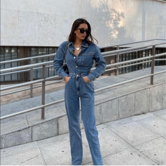 NWT Zara long denim blue jumpsuit - Picture 2 of 9